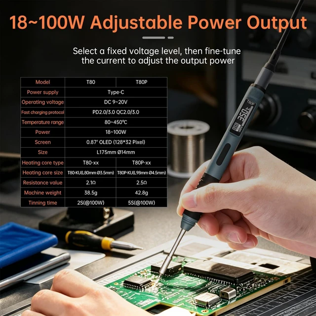 Alt view image 3 of 7 - Soldering Iron Kit, 100W Fast Heating T80/T80P Digital Soldering Iron PD/QC,Type-C Portable Digital OLED Screen Display, Auto Sleep (T80P+C2C+4 type tips)