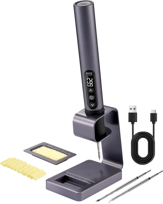 Main image of Cordless Soldering Iron Kit, 7s Heat-up, 3 C210 Tips, 842F | 2600mAh USB-C rechargeable, 392-842F stepless temp, aluminum body and stand; for PCB, wire, jewelry and wood burning