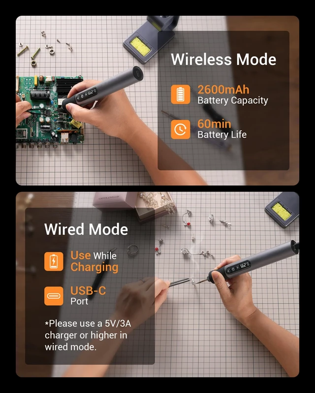 Alt view image 3 of 7 - Cordless Soldering Iron Kit, 7s Heat-up, 3 C210 Tips, 842F | 2600mAh USB-C rechargeable, 392-842F stepless temp, aluminum body and stand; for PCB, wire, jewelry and wood burning