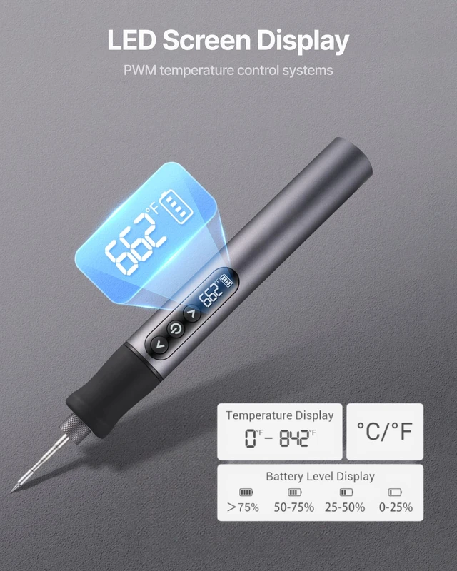 Alt view image 4 of 7 - Cordless Soldering Iron Kit, 7s Heat-up, 3 C210 Tips, 842F | 2600mAh USB-C rechargeable, 392-842F stepless temp, aluminum body and stand; for PCB, wire, jewelry and wood burning