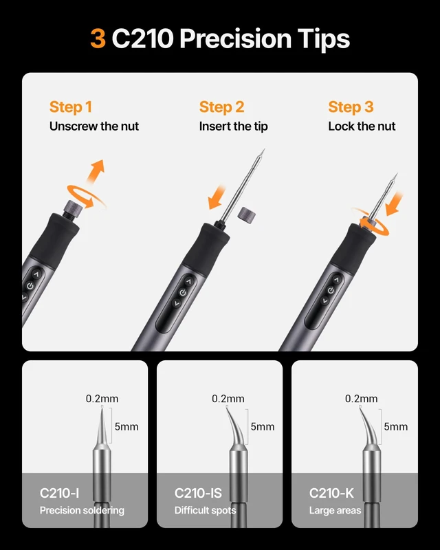 Alt view image 5 of 7 - Cordless Soldering Iron Kit, 7s Heat-up, 3 C210 Tips, 842F | 2600mAh USB-C rechargeable, 392-842F stepless temp, aluminum body and stand; for PCB, wire, jewelry and wood burning
