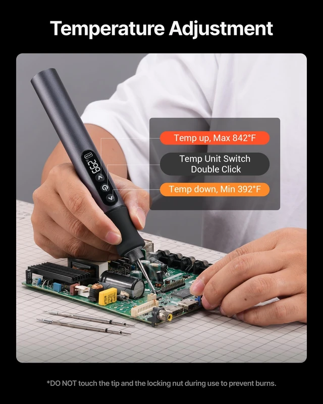 Alt view image 6 of 7 - Cordless Soldering Iron Kit, 7s Heat-up, 3 C210 Tips, 842F | 2600mAh USB-C rechargeable, 392-842F stepless temp, aluminum body and stand; for PCB, wire, jewelry and wood burning