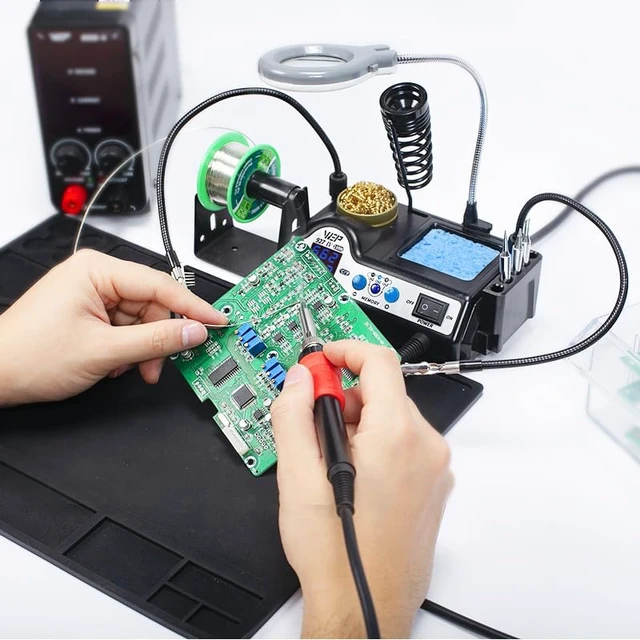 Alt view image 2 of 7 - 927-IV Soldering Station Kit High-Power 110W with 3 Preset Channels, Sleep Mode, LED Magnifier, 5 Extra Iron Tips, Tip Cleaner, 2 Helping Hands, Tip Storage Slots, Lead-free Solder Wire, Tweezers