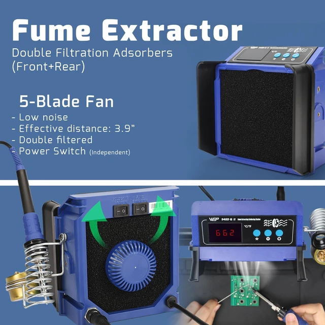 Alt view image 4 of 7 - 948DQ-II Double Filter Fume Extractor Soldering Iron Station 2-in-1 Solder Smoke Absorber, Soldering Fan with PID Control,/, Sleep Mode, Tip Cleaner, 3 Soldering Tips, 35g Solder