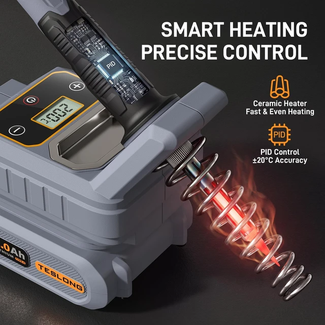 Alt view image 3 of 7 - 20V Cordless Soldering Iron, 100-500°C, with 2.0Ah Battery | 40s to 425°C; 100-500°C Adjustable; ±20°C Accuracy; Real-Time Display; 45W Type-C PD; 5 Interchangeable Tips; 287g