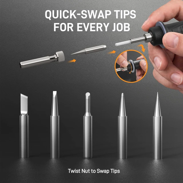 Alt view image 4 of 7 - 20V Cordless Soldering Iron, 100-500°C, with 2.0Ah Battery | 40s to 425°C; 100-500°C Adjustable; ±20°C Accuracy; Real-Time Display; 45W Type-C PD; 5 Interchangeable Tips; 287g