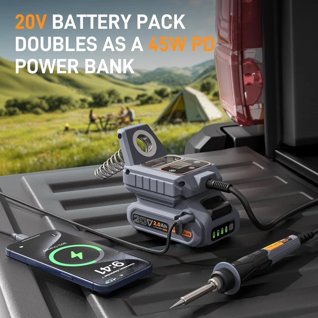 Alt view image 6 of 7 - 20V Cordless Soldering Iron, 100-500°C, with 2.0Ah Battery | 40s to 425°C; 100-500°C Adjustable; ±20°C Accuracy; Real-Time Display; 45W Type-C PD; 5 Interchangeable Tips; 287g