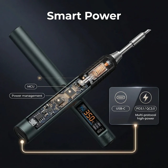 Alt view image 3 of 7 - T90B Intelligent Electric Soldering Iron Portable Constant Temp 140W with 245Type 4 Type Tip USB Type-C C2C Cable TH30 Holder Home Maintenance