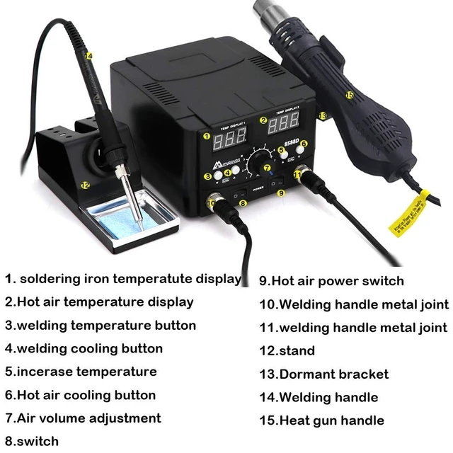 Alt view image 3 of 7 - 2 IN 1 750W LED Digital Soldering Station Hot Air Gun Rework Station Electric Soldering Iron For Phone PCB IC SMD BGA Welding SET 110V (8588D SET1)