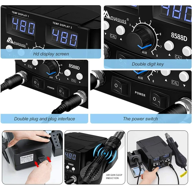 Alt view image 4 of 7 - 2 IN 1 750W LED Digital Soldering Station Hot Air Gun Rework Station Electric Soldering Iron For Phone PCB IC SMD BGA Welding SET 110V (8588D SET1)