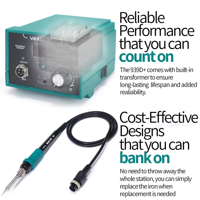 Alt view image 3 of 7 - 939D+ Digital Soldering Station, 75W Equivalent with Precision Heat Control (392°F to 896°F) and Built-in Transformer. ESD Safe, Lead Free with °C/°F display (Green)