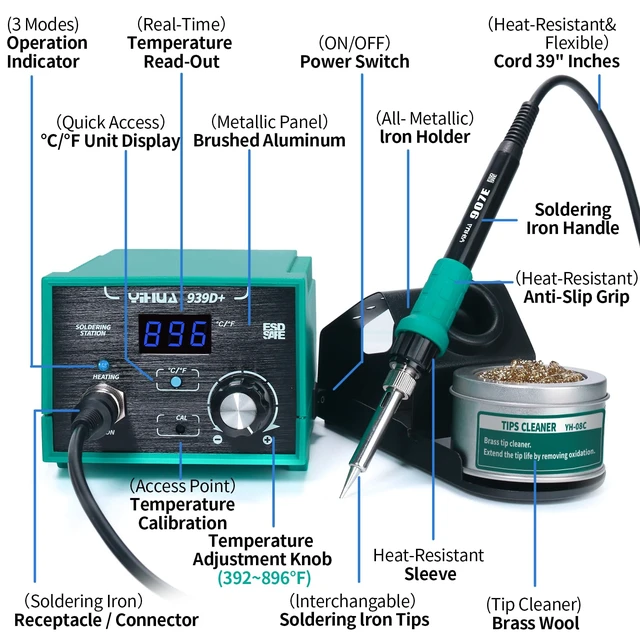 Alt view image 2 of 7 - 939D+ Digital Soldering Station, 75W Equivalent with Precision Heat Control (392°F to 896°F) and Built-in Transformer. ESD Safe, Lead Free with °C/°F display (Green)