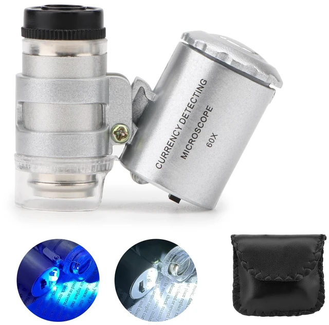 Main image of 60X Mini Illuminated Microscope Pocket Magnifier Portable Jewelers Loupe | Pocket microscope with led uv & leather case for jewelry appreciation, gems, maps, electronic repair (Pocket Magnifiers)