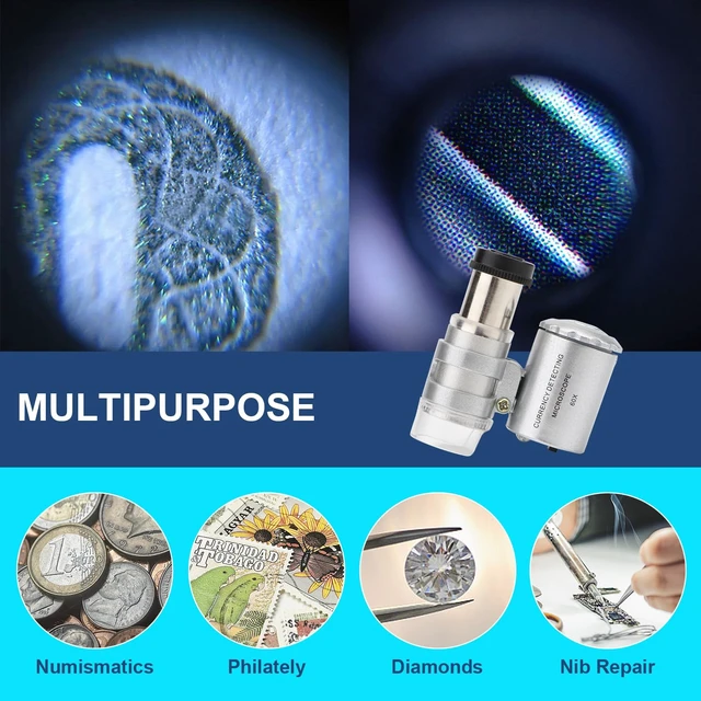 Alt view image 5 of 7 - 60X Mini Illuminated Microscope Pocket Magnifier Portable Jewelers Loupe | Pocket microscope with led uv & leather case for jewelry appreciation, gems, maps, electronic repair (Pocket Magnifiers)
