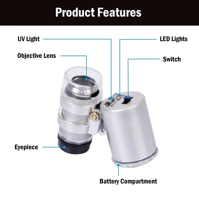 Alt view image 6 of 7 - 60X Mini Illuminated Microscope Pocket Magnifier Portable Jewelers Loupe | Pocket microscope with led uv & leather case for jewelry appreciation, gems, maps, electronic repair (Pocket Magnifiers)