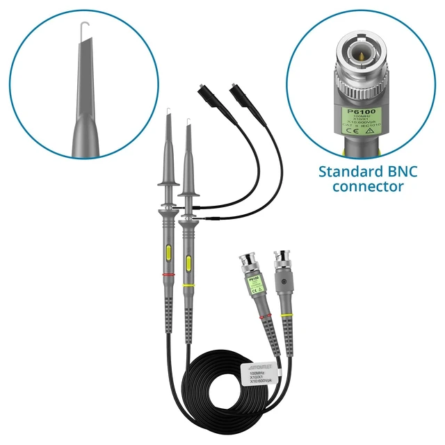 Alt view image 2 of 7 - 2Pcs P6100 100MHz Universal Oscilloscope Probe,10:1 and 1:1 Switchable Oscilloscope Clip Probes with BNC to Minigrabber Test Lead Kit