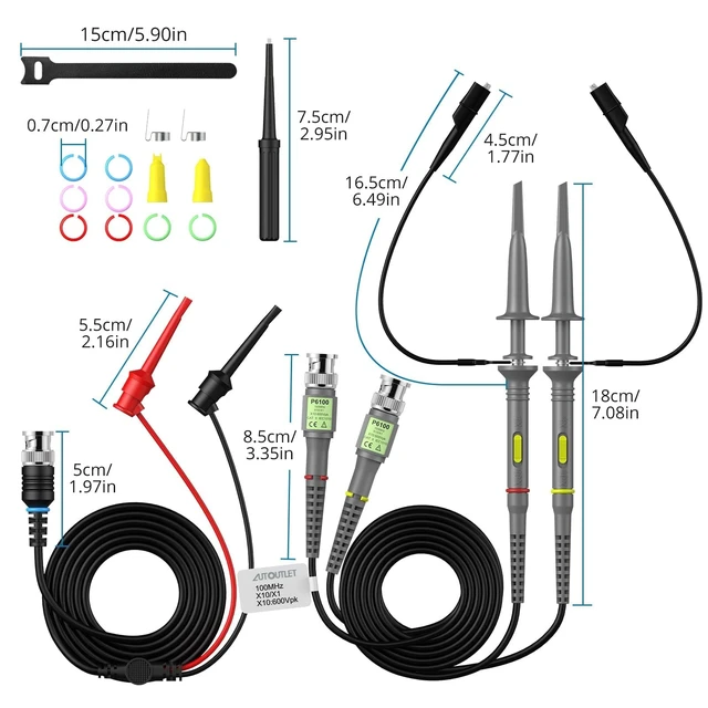 Alt view image 5 of 7 - 2Pcs P6100 100MHz Universal Oscilloscope Probe,10:1 and 1:1 Switchable Oscilloscope Clip Probes with BNC to Minigrabber Test Lead Kit