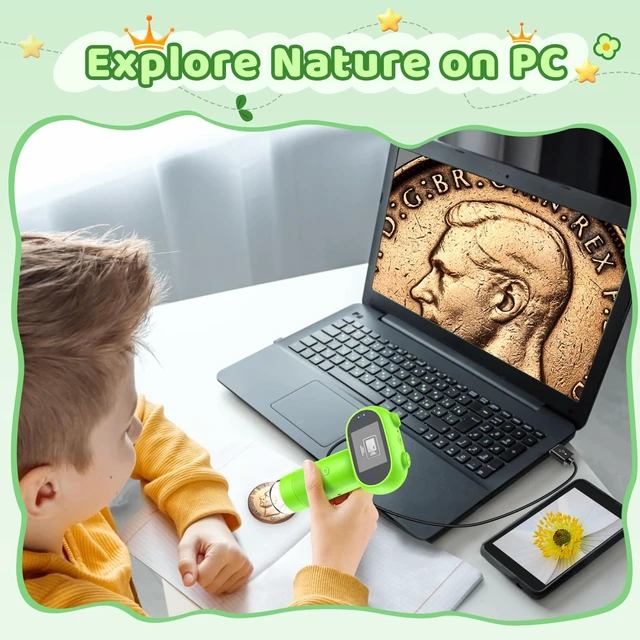 Alt view image 3 of 7 - Pocket Microscope for Kids, 2'' IPS 1080P Magnifier with Light | 16MP Mini Digital Microscope 1000X, 8 LEDs, Compatible with PC, Includes 8GB card