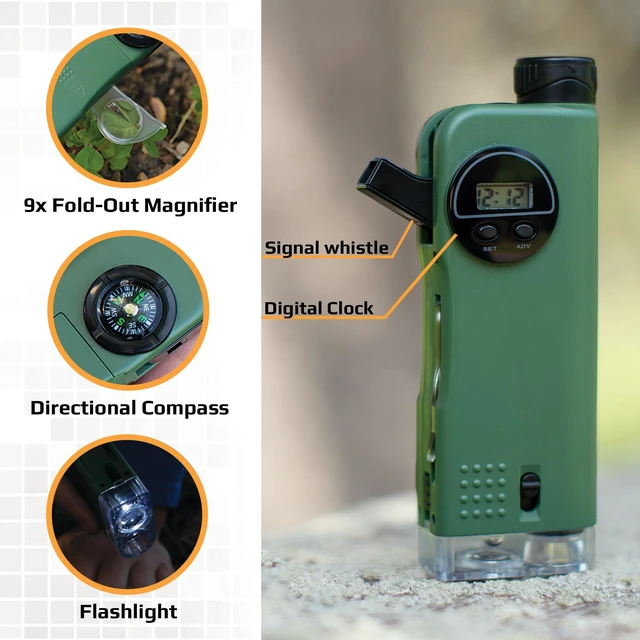 Alt view image 2 of 7 - X-Scope Kids 7 Function Multi Purpose Optical Pocket Tool with 30x Microscope, 8x Telescope, 9x Fold-Out Magnifier, Flashlight, Signal Whistle, Directional Compass and Digital Clock (CP-11)