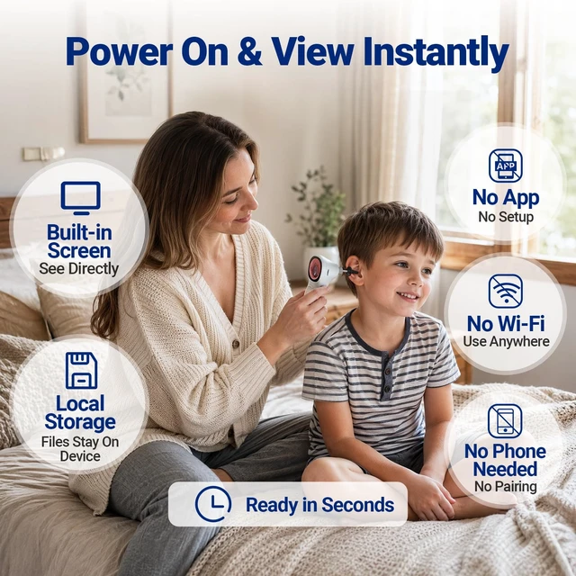 Alt view image 2 of 7 - Otoscope with Light, No App Needed, HD Screen, Ear Scope Camera for Family | Ear Camera with Earwax Removal Kit for Home Cleaning Checking, Photo & Video, 3.9mm Lens, 8GB Card, LED Light, Type-C Port