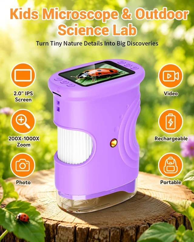Alt view image 2 of 7 - 1000X Digital Handheld Microscope for Kids Portable Outdoor Toys & Gifts | 2.0" IPS Screen Magnifier, STEM Science Lab Magnifying Glass, Photo&Video Pocket Edu Toy for Boys & Girls Age 4-12, Purple