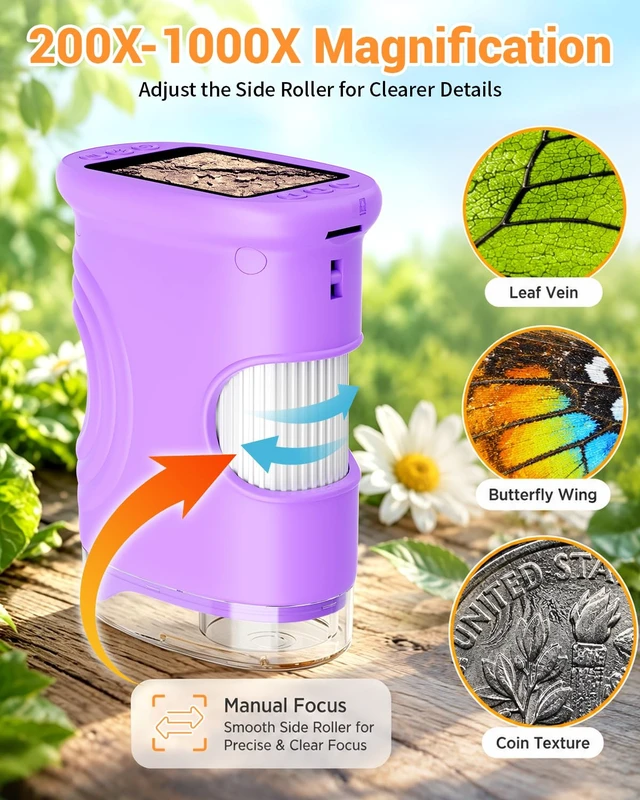 Alt view image 3 of 7 - 1000X Digital Handheld Microscope for Kids Portable Outdoor Toys & Gifts | 2.0" IPS Screen Magnifier, STEM Science Lab Magnifying Glass, Photo&Video Pocket Edu Toy for Boys & Girls Age 4-12, Purple