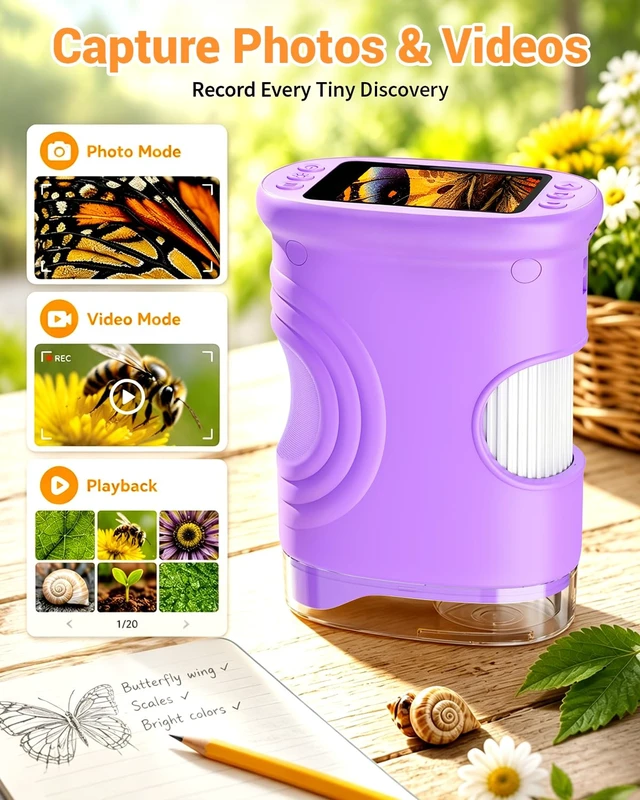 Alt view image 5 of 7 - 1000X Digital Handheld Microscope for Kids Portable Outdoor Toys & Gifts | 2.0" IPS Screen Magnifier, STEM Science Lab Magnifying Glass, Photo&Video Pocket Edu Toy for Boys & Girls Age 4-12, Purple