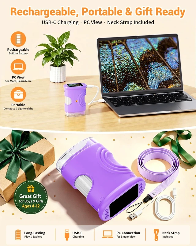 Alt view image 6 of 7 - 1000X Digital Handheld Microscope for Kids Portable Outdoor Toys & Gifts | 2.0" IPS Screen Magnifier, STEM Science Lab Magnifying Glass, Photo&Video Pocket Edu Toy for Boys & Girls Age 4-12, Purple