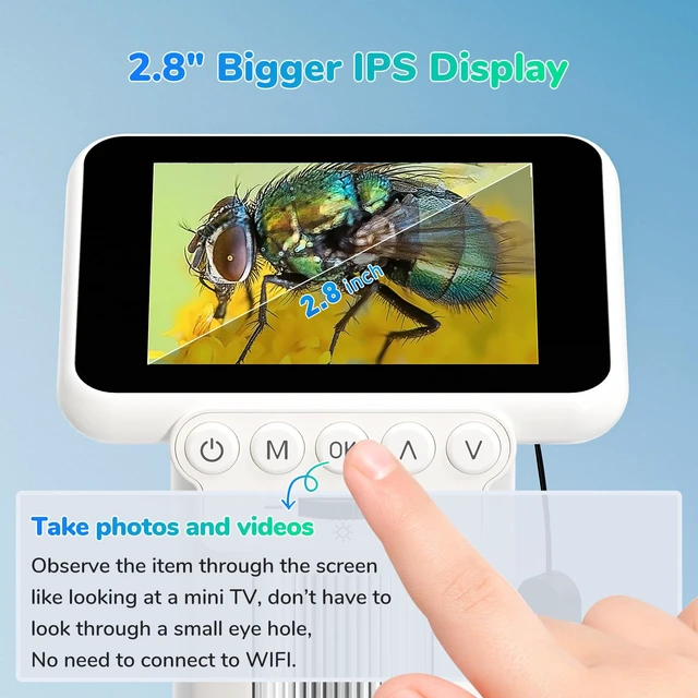 Alt view image 3 of 7 - LM013 Digital Microscope with 2.8" Screen for Kids Adults, Anti-Shake Portable USB Coin Magnifier 120X with 8 LED Lights, 1080P Video, Prepared Slides, PC View