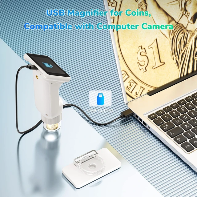 Alt view image 6 of 7 - LM013 Digital Microscope with 2.8" Screen for Kids Adults, Anti-Shake Portable USB Coin Magnifier 120X with 8 LED Lights, 1080P Video, Prepared Slides, PC View