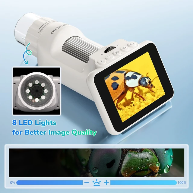 Alt view image 7 of 7 - LM013 Digital Microscope with 2.8" Screen for Kids Adults, Anti-Shake Portable USB Coin Magnifier 120X with 8 LED Lights, 1080P Video, Prepared Slides, PC View