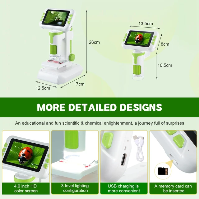 Alt view image 4 of 7 - 1600X Digital Microscope for Kids, Upgraded Portable Microscope with 4.0 inch HD Screen, 2-in-1 Desktop Handheld Miniscope Rechargeable Student Education Science Microscopes Gift for Kids