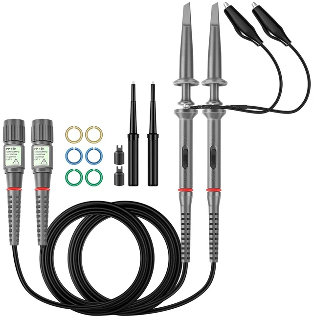 Main image of Hantek PP-150 Oscilloscope Probe Kit, 2-Pack, 1X/10X, 100MHz Clip Probes | Oscilloscope Accessories Include Marker Bands, Tip Sleeves, Ground Leads, Mini Alligator Clips and An Adjustment Screwdriver