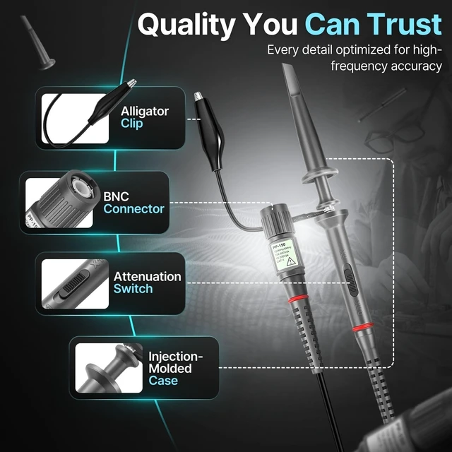 Alt view image 7 of 7 - Hantek PP-150 Oscilloscope Probe Kit, 2-Pack, 1X/10X, 100MHz Clip Probes | Oscilloscope Accessories Include Marker Bands, Tip Sleeves, Ground Leads, Mini Alligator Clips and An Adjustment Screwdriver