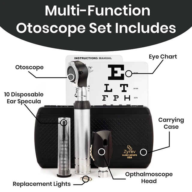 Alt view image 2 of 7 - Otoscope Oph Multi-Function Set - Otoscope/Opthalmoscope for Ear & Eye Examination - with Portable Carry Case, Sight Chart, Replacement Tips (Black)