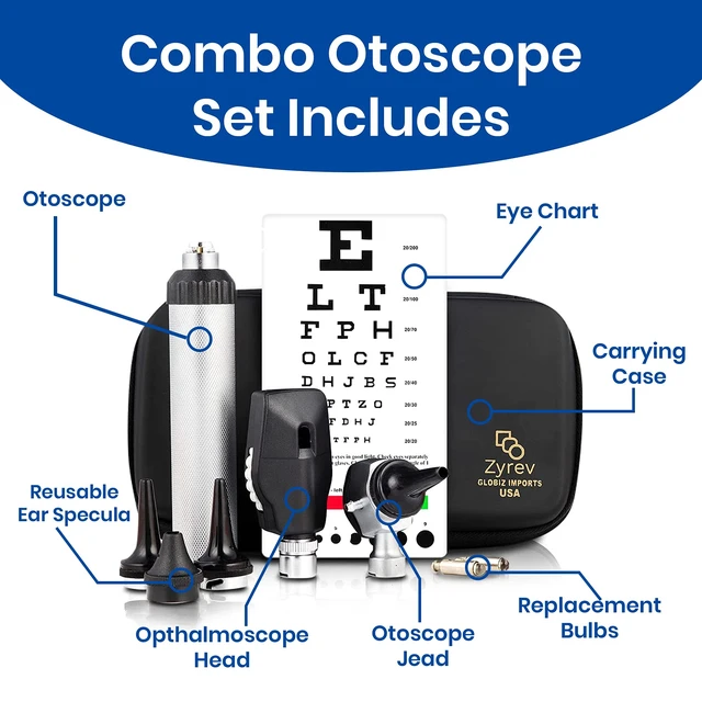 Alt view image 2 of 7 - Combo Otoscope Oph Set - Multi-Function Otoscope/Opthalmoscope for Ear & Eye Examination with Portable Carry Case, Sight Chart & Replacement Tips (1st Edition)