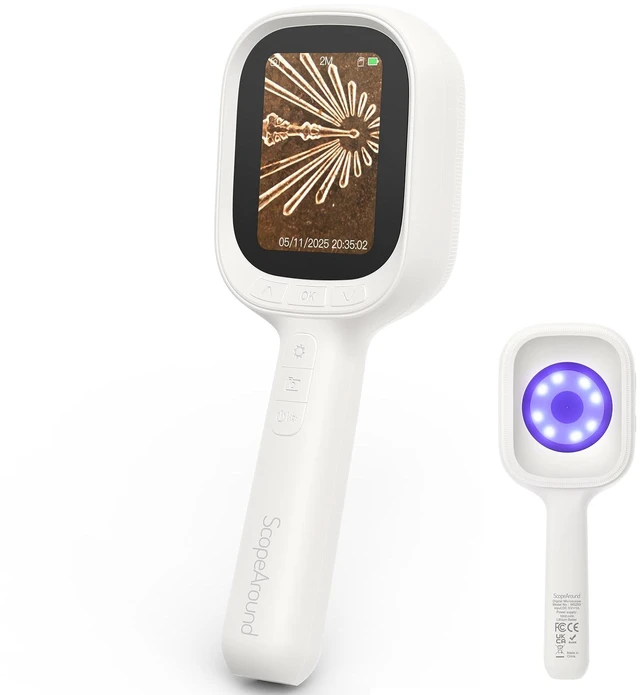 Main image of Digital Autofocus Microscope, 2.8" IPS Screen Magnifier, Take Photo & Video 32 GB Card, Magnifying Glass, 8 White + 8 Ultraviolet LED, Unique Concave Lens, Ergonomic Handle, Compatible with Mac/Window