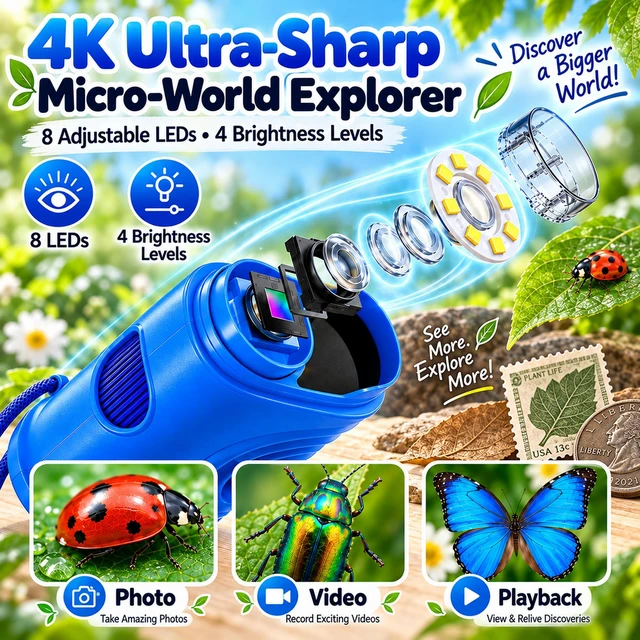 Alt view image 3 of 7 - Kids Microscope, 4K 1000X Zoom, 2.4" Screen, STEM Toy for 4-8, Blue | Digital Microscope with Photo & Video Recording, 8 LED, USB Rechargeable, No Slides Needed, Birthday Gift for Boys Girls 4-12