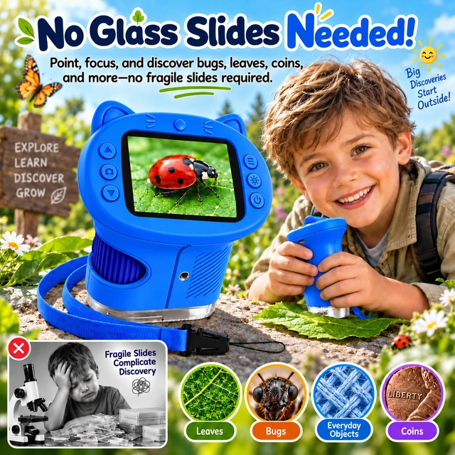 Alt view image 2 of 7 - Kids Microscope, 4K 1000X Zoom, 2.4" Screen, STEM Toy for 4-8, Blue | Digital Microscope with Photo & Video Recording, 8 LED, USB Rechargeable, No Slides Needed, Birthday Gift for Boys Girls 4-12