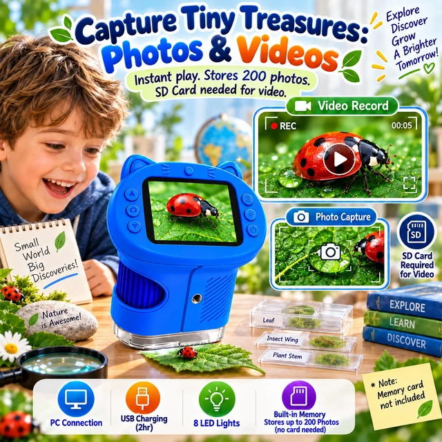 Alt view image 7 of 7 - Kids Microscope, 4K 1000X Zoom, 2.4" Screen, STEM Toy for 4-8, Blue | Digital Microscope with Photo & Video Recording, 8 LED, USB Rechargeable, No Slides Needed, Birthday Gift for Boys Girls 4-12