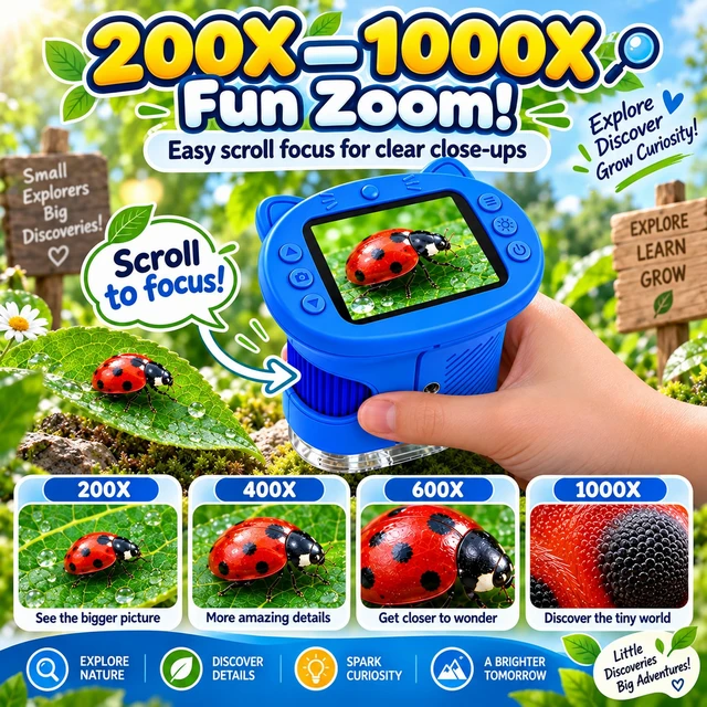 Alt view image 5 of 7 - Kids Microscope, 4K 1000X Zoom, 2.4" Screen, STEM Toy for 4-8, Blue | Digital Microscope with Photo & Video Recording, 8 LED, USB Rechargeable, No Slides Needed, Birthday Gift for Boys Girls 4-12
