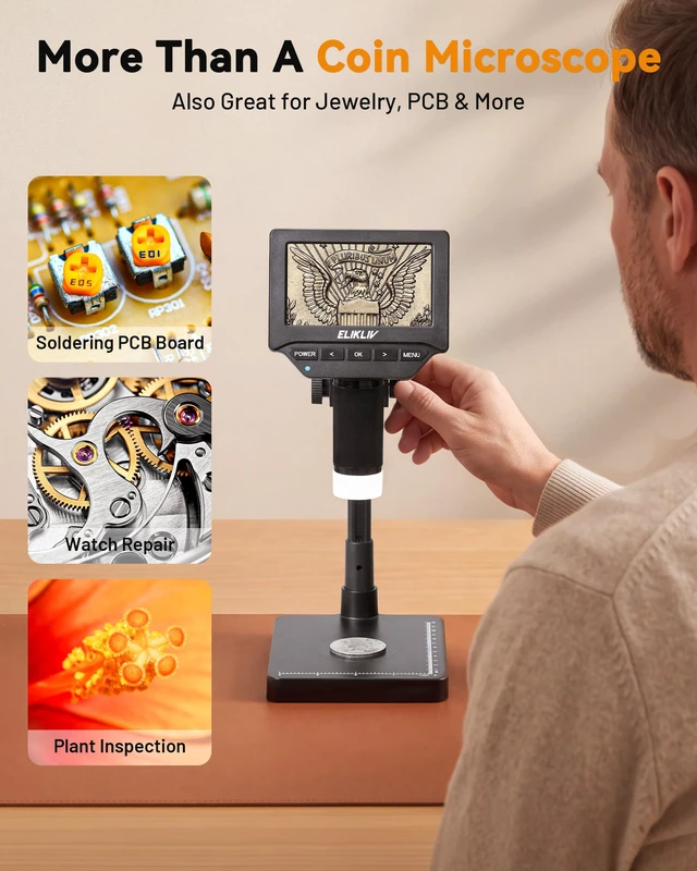 Alt view image 2 of 7 - Microscope, 4.3'' Digital Coin Magnifier with Lights for Adults | IPS Screen,1080P Resolution, 8'' Stand, Built-in Battery, Great Magnification, Save Photos & Videos, Mac Windows Compatible