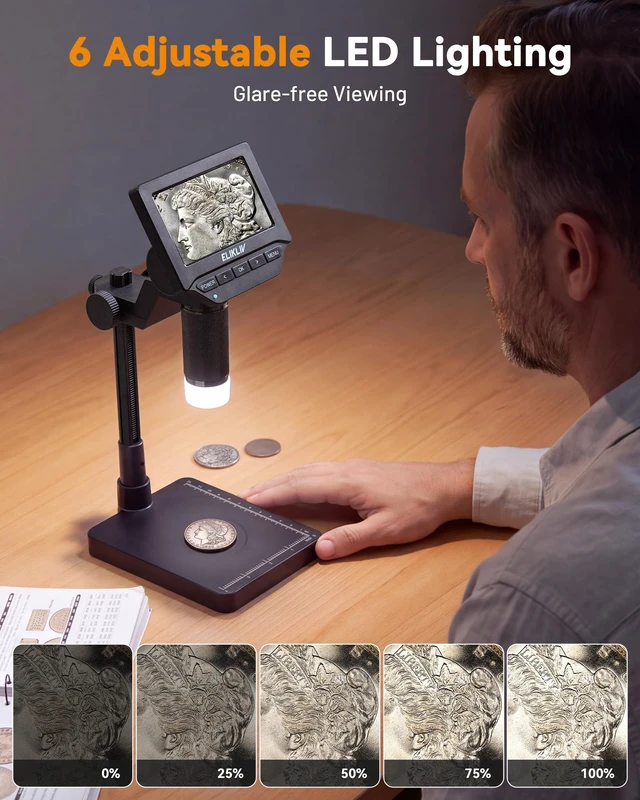 Alt view image 4 of 7 - Microscope, 4.3'' Digital Coin Magnifier with Lights for Adults | IPS Screen,1080P Resolution, 8'' Stand, Built-in Battery, Great Magnification, Save Photos & Videos, Mac Windows Compatible
