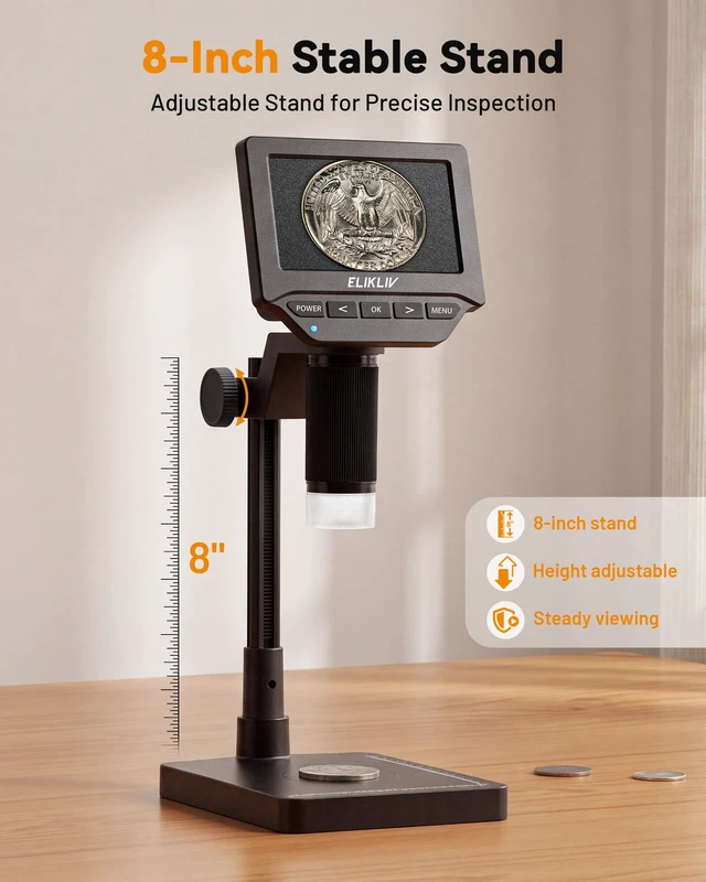 Alt view image 6 of 7 - Microscope, 4.3'' Digital Coin Magnifier with Lights for Adults | IPS Screen,1080P Resolution, 8'' Stand, Built-in Battery, Great Magnification, Save Photos & Videos, Mac Windows Compatible