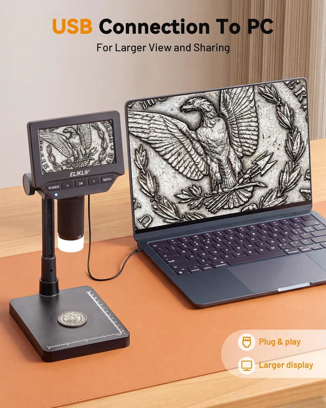 Alt view image 7 of 7 - Microscope, 4.3'' Digital Coin Magnifier with Lights for Adults | IPS Screen,1080P Resolution, 8'' Stand, Built-in Battery, Great Magnification, Save Photos & Videos, Mac Windows Compatible