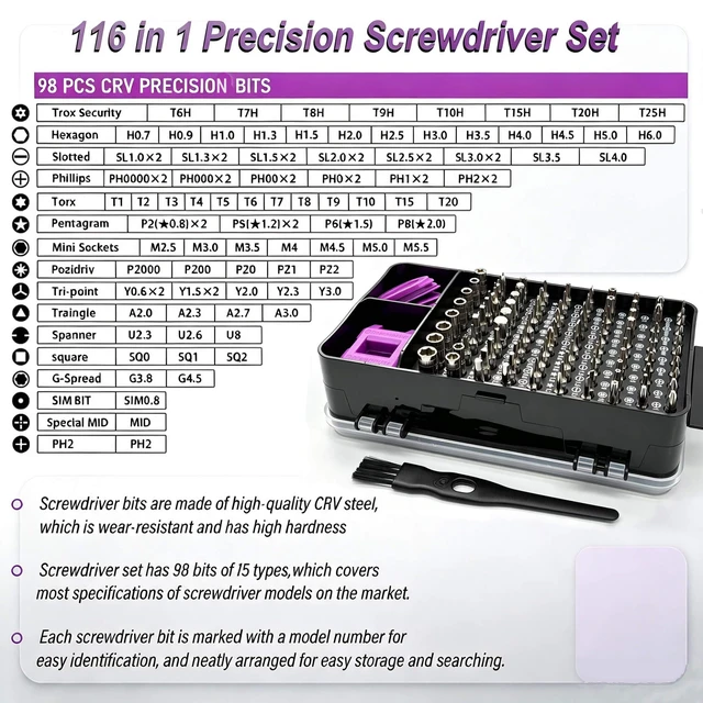 Alt view image 2 of 7 - Precision Screwdriver Set 116-Piece with 98 Bits | Magnetic Screwdriver Set for iPhone, MacBook, Computer, Laptop, PC, Tablet, PS4, Xbox, Nintendo, Game Consol
