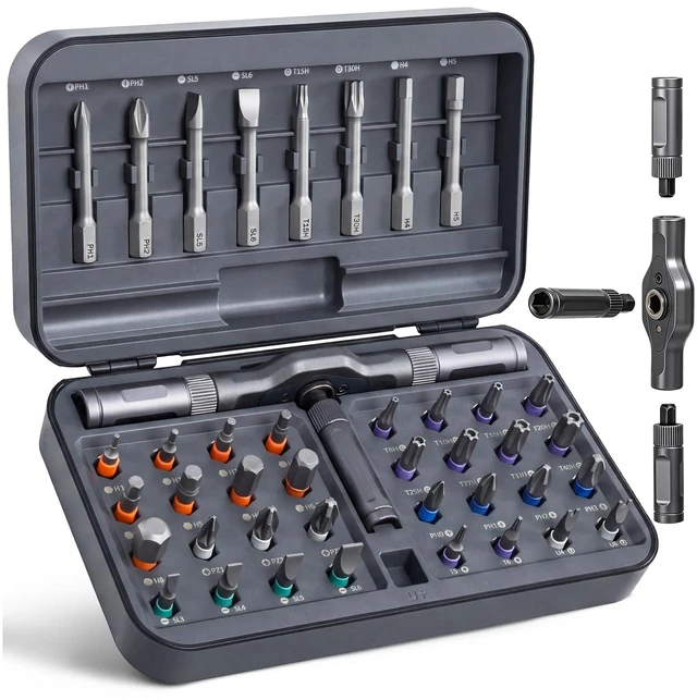Main image of 42-in-1 Magnetic Ratcheting Screwdriver Set T-Handle Black/Gray | Pivot T-Handle, Magnetic S2 Steel Bits, Ratchet Drive, Furniture Assembly, PC Building, Tight Spaces