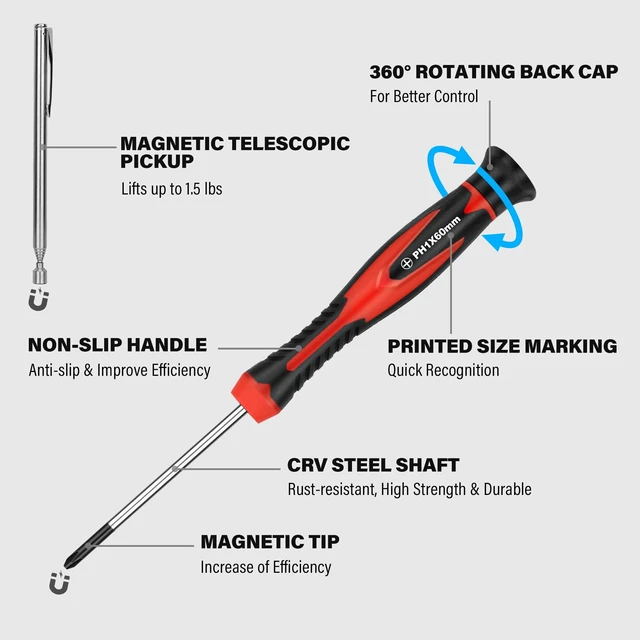 Alt view image 2 of 7 - 11-PCS Precision Screwdriver Set with Telescoping Magnetic Pickup Tool, Magnetic Small Screwdrivers with Phillips, Slotted,Torx Star,Cr-V Steel, Mini Screw Drivers for Eyeglass, Watch,Phone