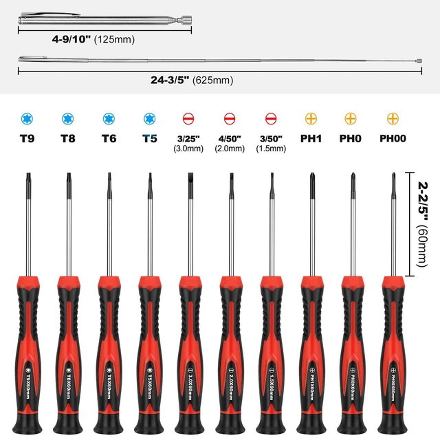 Alt view image 3 of 7 - 11-PCS Precision Screwdriver Set with Telescoping Magnetic Pickup Tool, Magnetic Small Screwdrivers with Phillips, Slotted,Torx Star,Cr-V Steel, Mini Screw Drivers for Eyeglass, Watch,Phone
