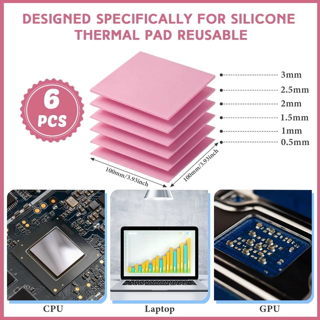 Alt view image 2 of 7 - 6 Pcs Thermal Pads for GPU Laptop CPU, Pink, 100 x 100 mm | 0.5, 1, 1.5, 2, 2.5, 3 mm Heat Resistant Conductive Silicone Thermal Pad Conductivity 6.0 W/M Heatsink LED Cooler Nvme